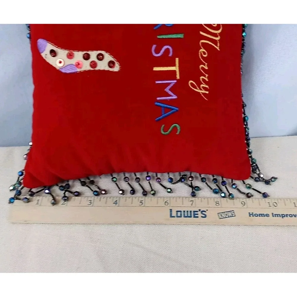 VTG Red Beaded Velvet Pillow Merry‎ Christmas Small Sequin Stocking Throw Pillow